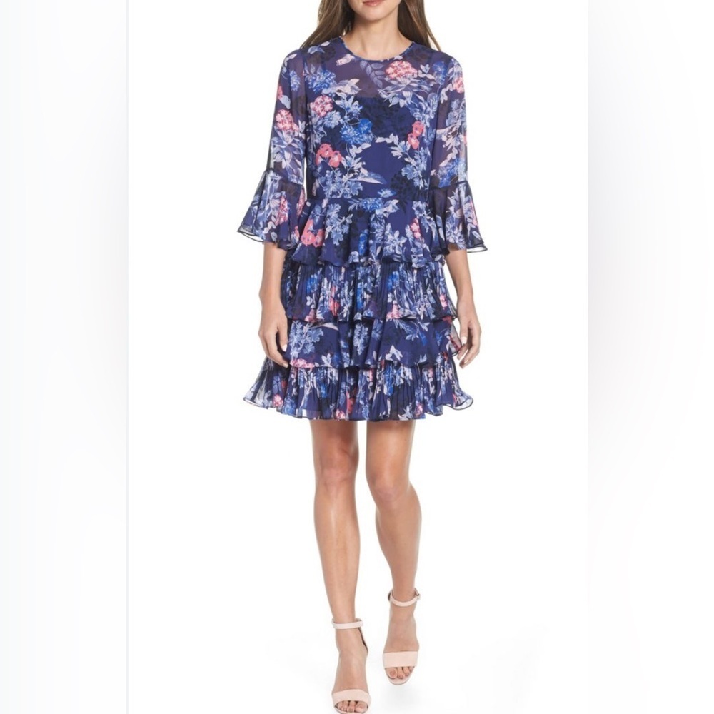 Eliza J Navy Floral Tiered Ruffle Dress Bell Sleeve Petite 2P Romantic Wedding